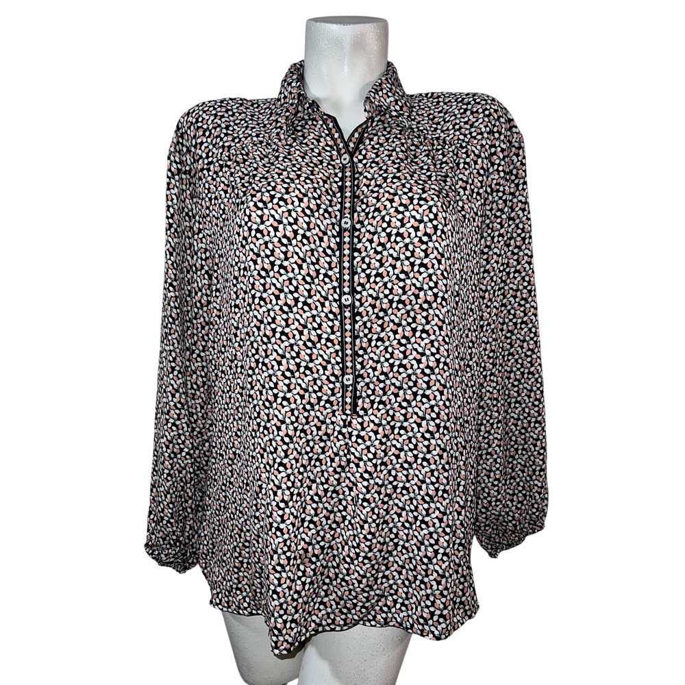 MAX STUDIO Womens Pink Black Leaf Print Long Sleeve Button Neck LS Blouse Top XL